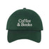 Forest Green Coffee & Books embroidered baseball hat in a premium cotton twill featuring minimalist serif typography by DSY Lifestyle.