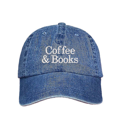 Light Denim Coffee &amp; Books embroidered baseball hat in a premium cotton twill featuring minimalist serif typography by DSY Lifestyle.