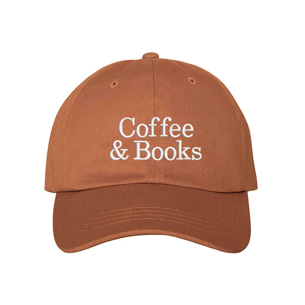 Texas Orange Coffee &amp; Books embroidered baseball hat in a premium cotton twill featuring minimalist serif typography by DSY Lifestyle.