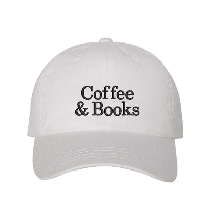 White Coffee &amp; Books embroidered baseball hat in a premium cotton twill featuring minimalist serif typography by DSY Lifestyle.