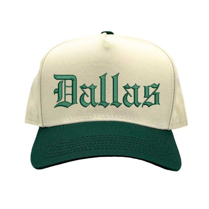 Natural Forest Green Dallas Old English Two Tone Baseball Hat with embroidered lettering in bold Old English font, two-tone design, and adjustable strap. - DSY Lifestyle