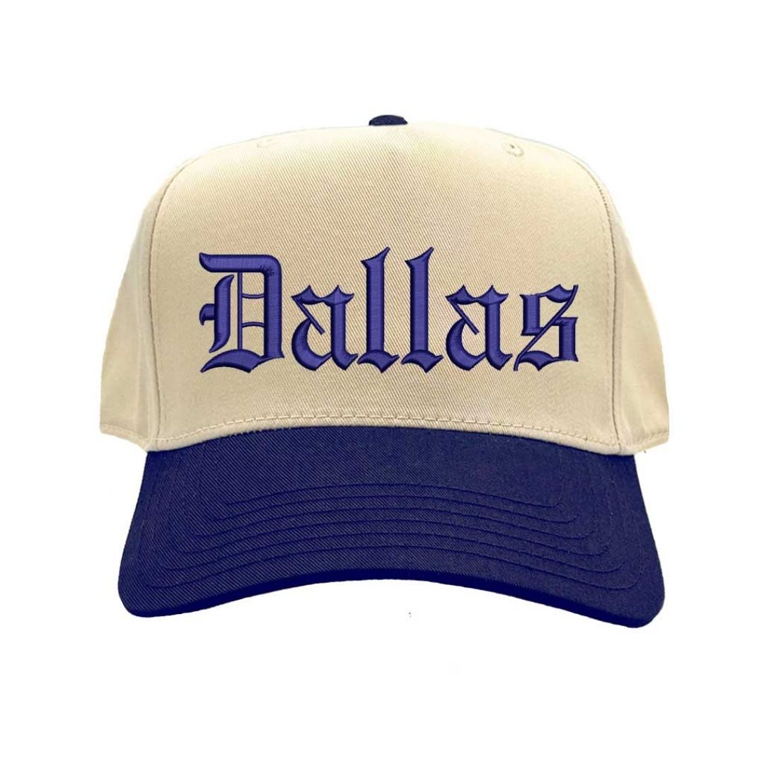 Natural Navy Blue Dallas Old English Two Tone Baseball Hat with embroidered lettering in bold Old English font, two-tone design, and adjustable strap. - DSY Lifestyle