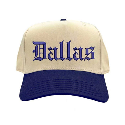 Natural Navy Blue Dallas Old English Two Tone Baseball Hat with embroidered lettering in bold Old English font, two-tone design, and adjustable strap. - DSY Lifestyle