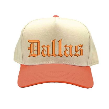 Natural Texas Orange Dallas Old English Two Tone Baseball Hat with embroidered lettering in bold Old English font, two-tone design, and adjustable strap. - DSY Lifestyle