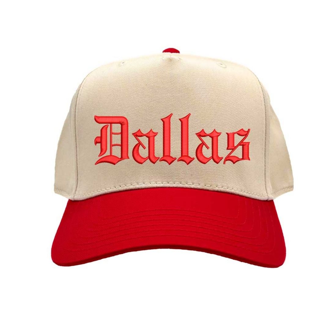 Natural Red Dallas Old English Two Tone Baseball Hat with embroidered lettering in bold Old English font, two-tone design, and adjustable strap. - DSY Lifestyle