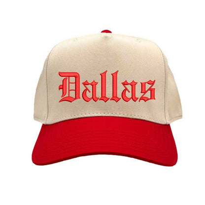 Natural Red Dallas Old English Two Tone Baseball Hat with embroidered lettering in bold Old English font, two-tone design, and adjustable strap. - DSY Lifestyle