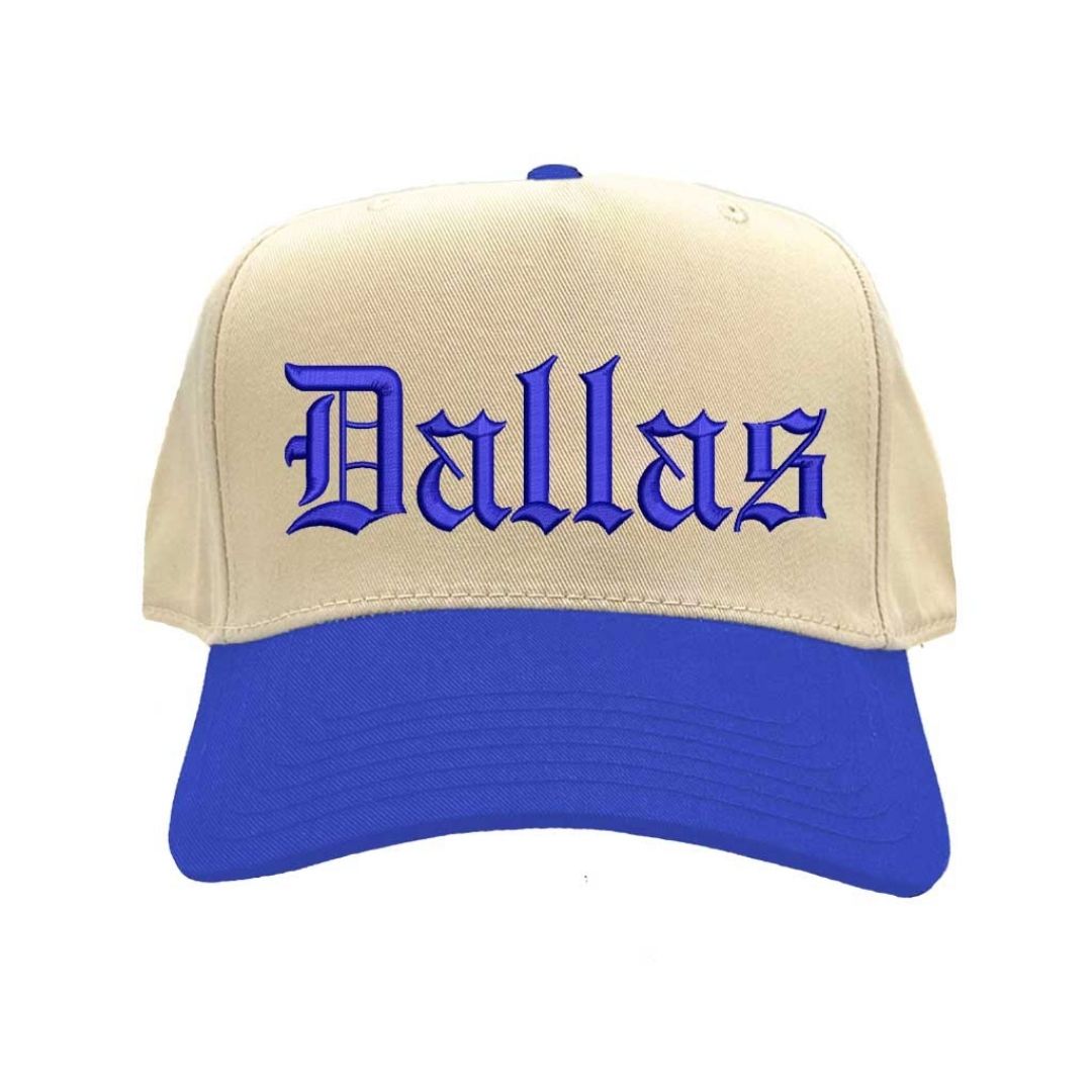 Natural Royal Blue Dallas Old English Two Tone Baseball Hat with embroidered lettering in bold Old English font, two-tone design, and adjustable strap. - DSY Lifestyle