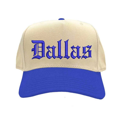 Natural Royal Blue Dallas Old English Two Tone Baseball Hat with embroidered lettering in bold Old English font, two-tone design, and adjustable strap. - DSY Lifestyle