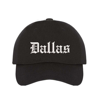 Black Dallas Old English Embroidered Baseball Hat in soft cotton with curved brim and adjustable hook and loop closure. DSY Lifestyle.