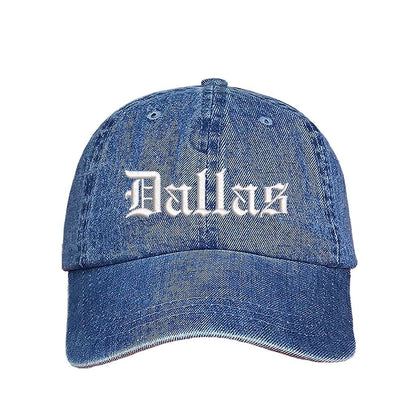 Light Denim Dallas Old English Embroidered Baseball Hat in soft cotton with curved brim and adjustable hook and loop closure. DSY Lifestyle.
