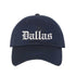 Navy Blue Dallas Old English Embroidered Baseball Hat in soft cotton with curved brim and adjustable hook and loop closure. DSY Lifestyle.