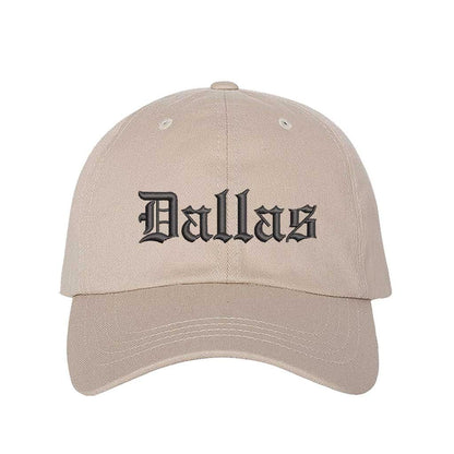 Stone Dallas Old English Embroidered Baseball Hat in soft cotton with curved brim and adjustable hook and loop closure. DSY Lifestyle.