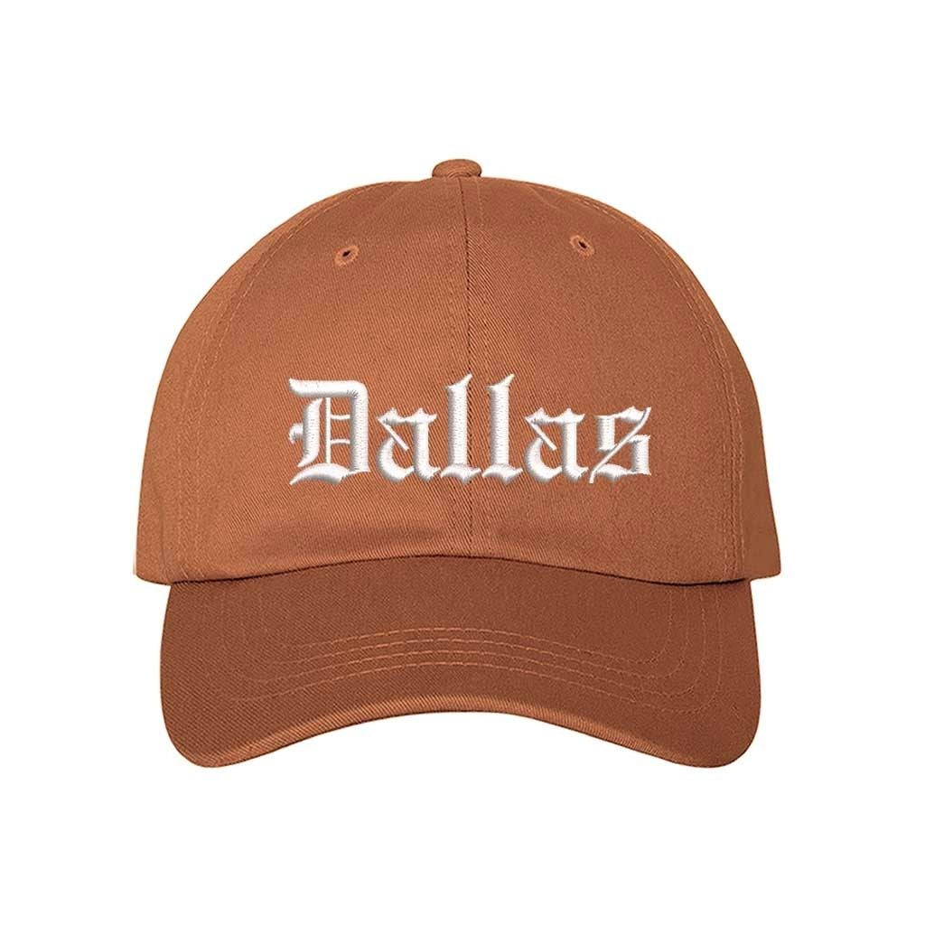 Texas Orange Dallas Old English Embroidered Baseball Hat in soft cotton with curved brim and adjustable hook and loop closure. DSY Lifestyle.