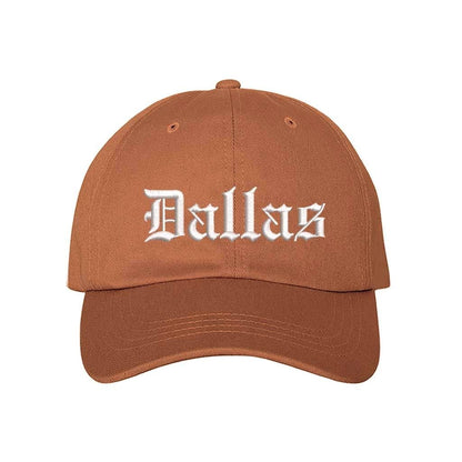 Texas Orange Dallas Old English Embroidered Baseball Hat in soft cotton with curved brim and adjustable hook and loop closure. DSY Lifestyle.