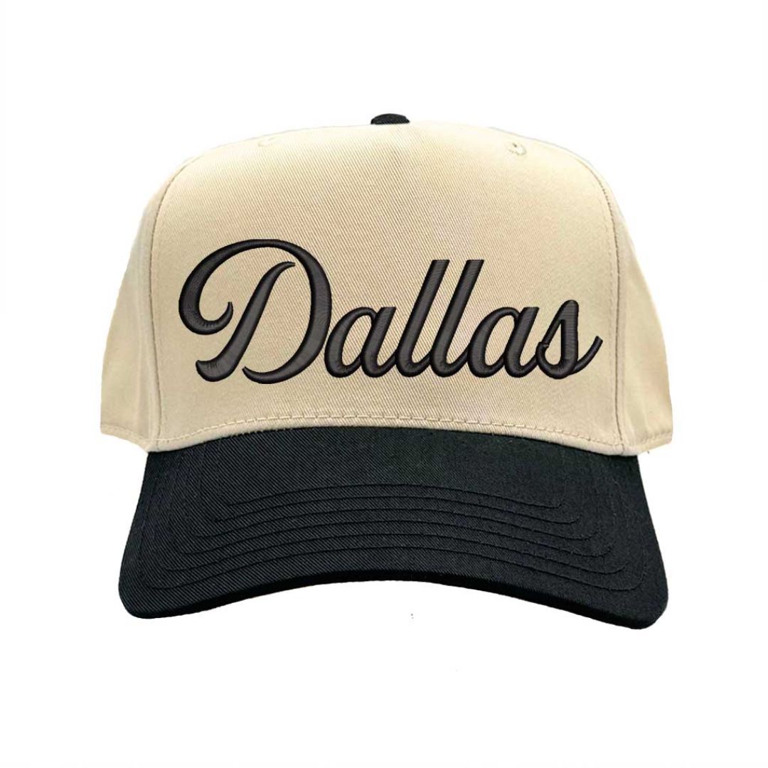 Natural Black Dallas Script 3D embroidered two-tone baseball hat with raised lettering, 5-panel retro design, and snapback closure – DSY Lifestyle.