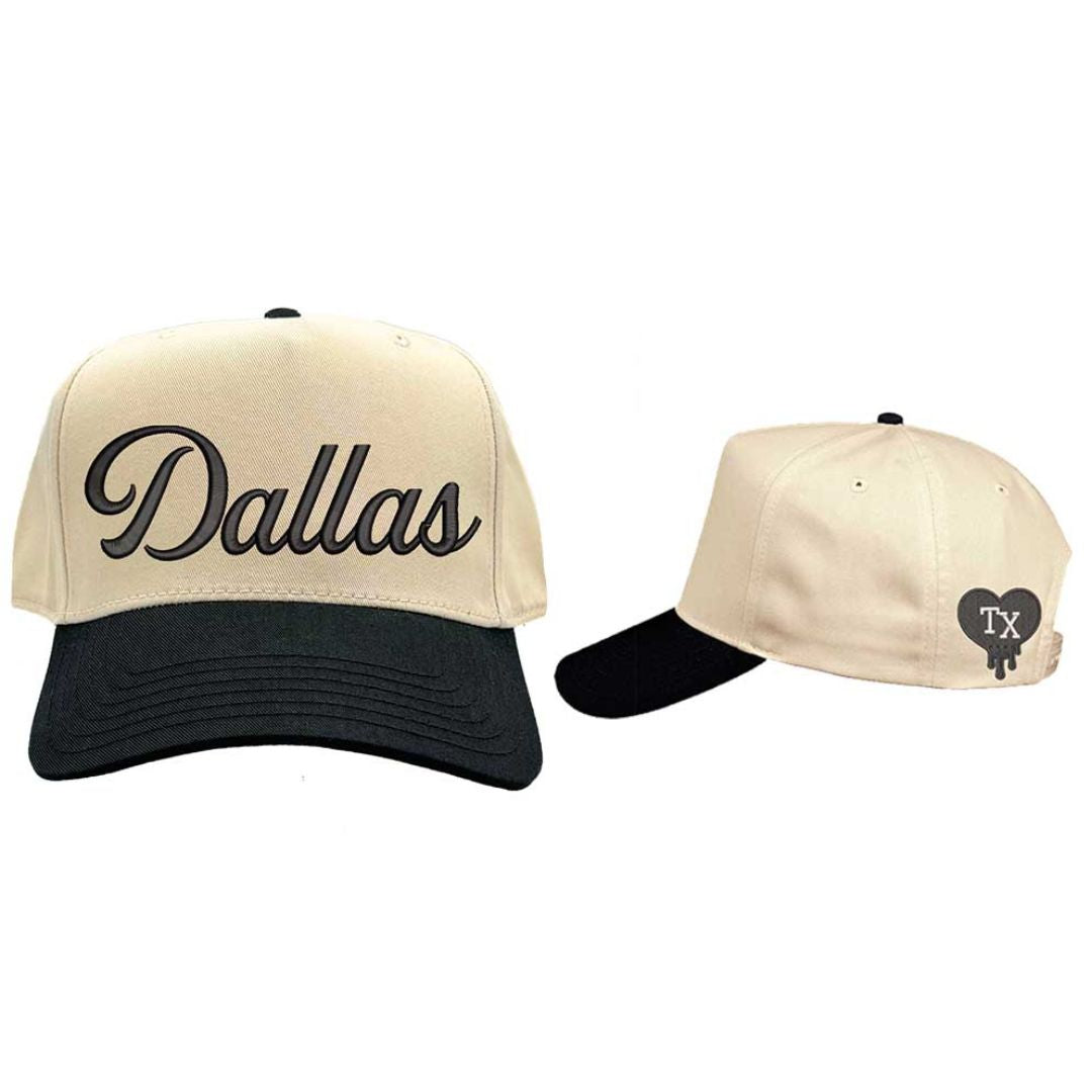 Natural Black with side logo Dallas Script 3D embroidered two-tone baseball hat with raised lettering, 5-panel retro design, and snapback closure – DSY Lifestyle.