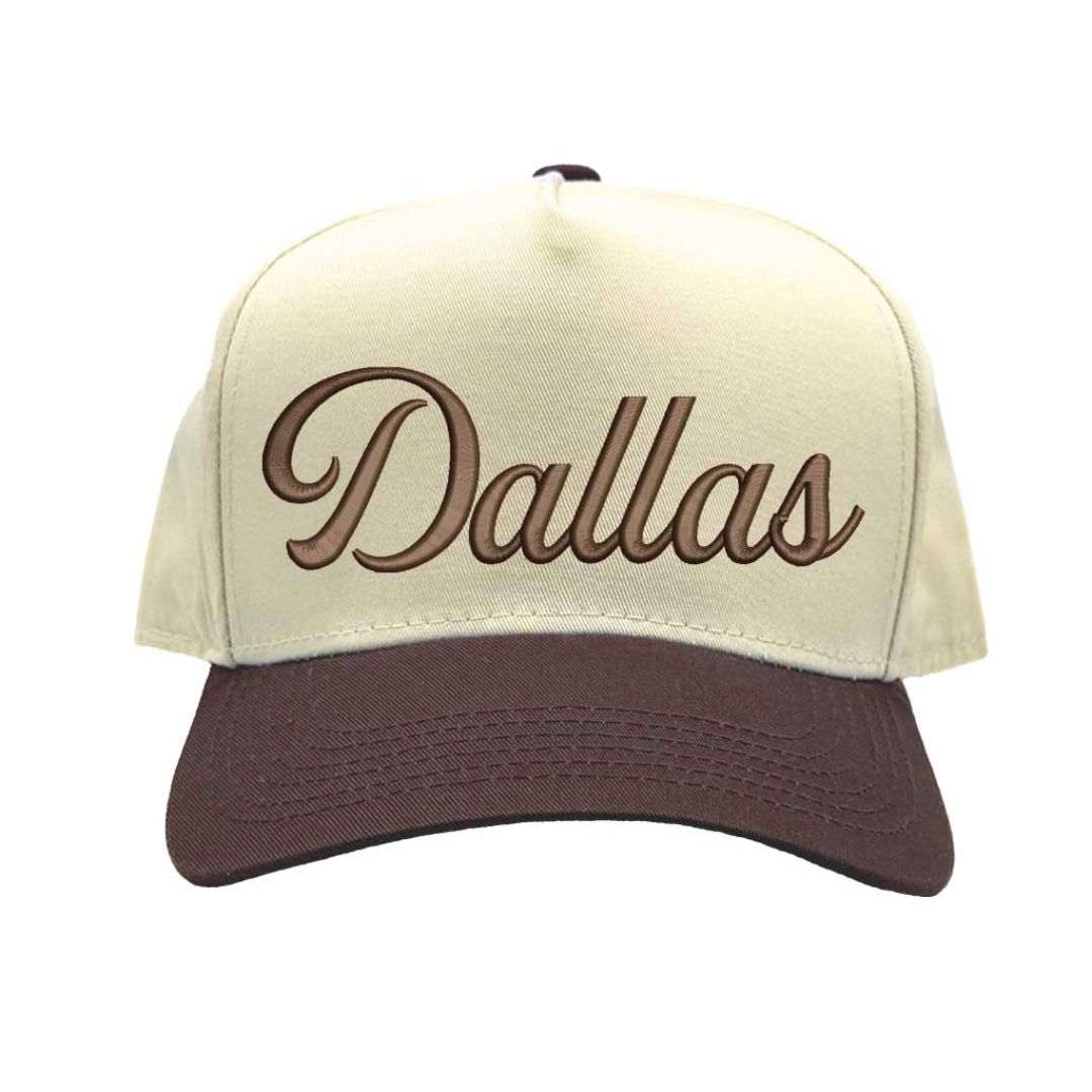 Natural Brown Dallas Script 3D embroidered two-tone baseball hat with raised lettering, 5-panel retro design, and snapback closure – DSY Lifestyle.