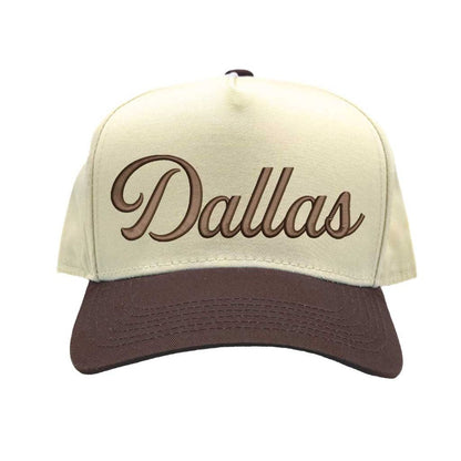 Natural Brown Dallas Script 3D embroidered two-tone baseball hat with raised lettering, 5-panel retro design, and snapback closure – DSY Lifestyle.