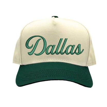 Natural Forest Green Dallas Script 3D embroidered two-tone baseball hat with raised lettering, 5-panel retro design, and snapback closure – DSY Lifestyle.