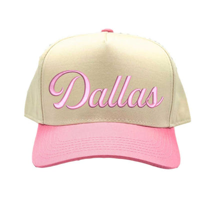 Natural Light Pink Dallas Script 3D embroidered two-tone baseball hat with raised lettering, 5-panel retro design, and snapback closure – DSY Lifestyle.