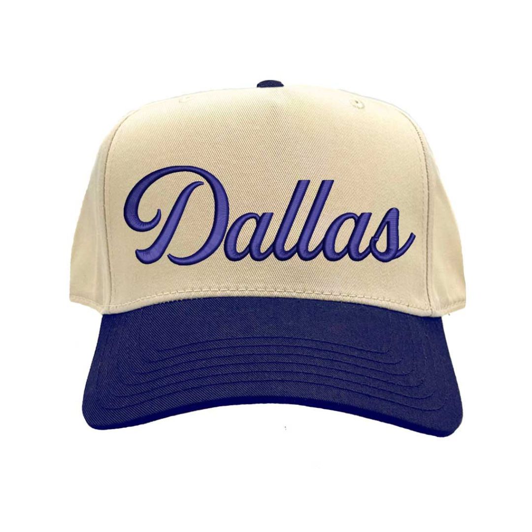 Natural Navy Blue Dallas Script 3D embroidered two-tone baseball hat with raised lettering, 5-panel retro design, and snapback closure – DSY Lifestyle.
