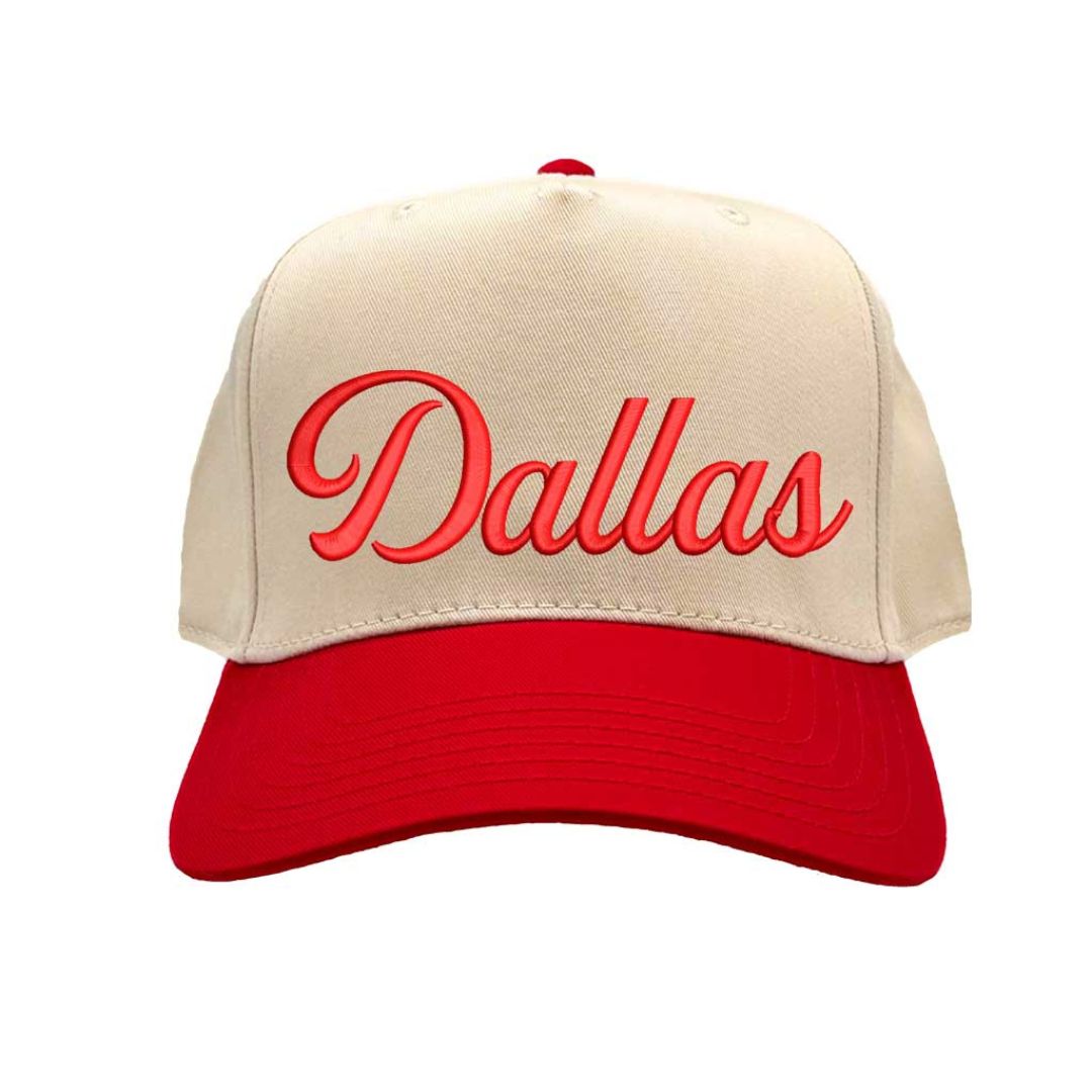 Natural Red Dallas Script 3D embroidered two-tone baseball hat with raised lettering, 5-panel retro design, and snapback closure – DSY Lifestyle.
