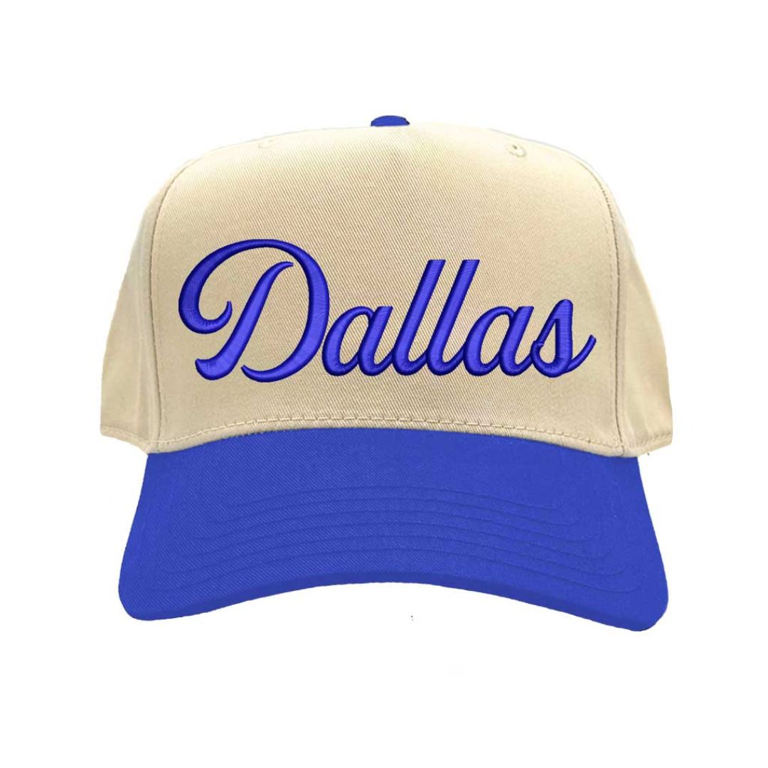 Natural Royal Blue Dallas Script 3D embroidered two-tone baseball hat with raised lettering, 5-panel retro design, and snapback closure – DSY Lifestyle.
