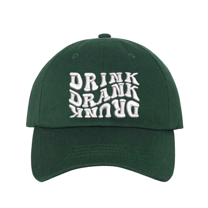 Forest Green Drink Drank Drunk Embroidered Baseball Hat featuring bold stitched lettering, breathable cotton fabric, and adjustable hook &amp; loop closure – DSY Lifestyle
