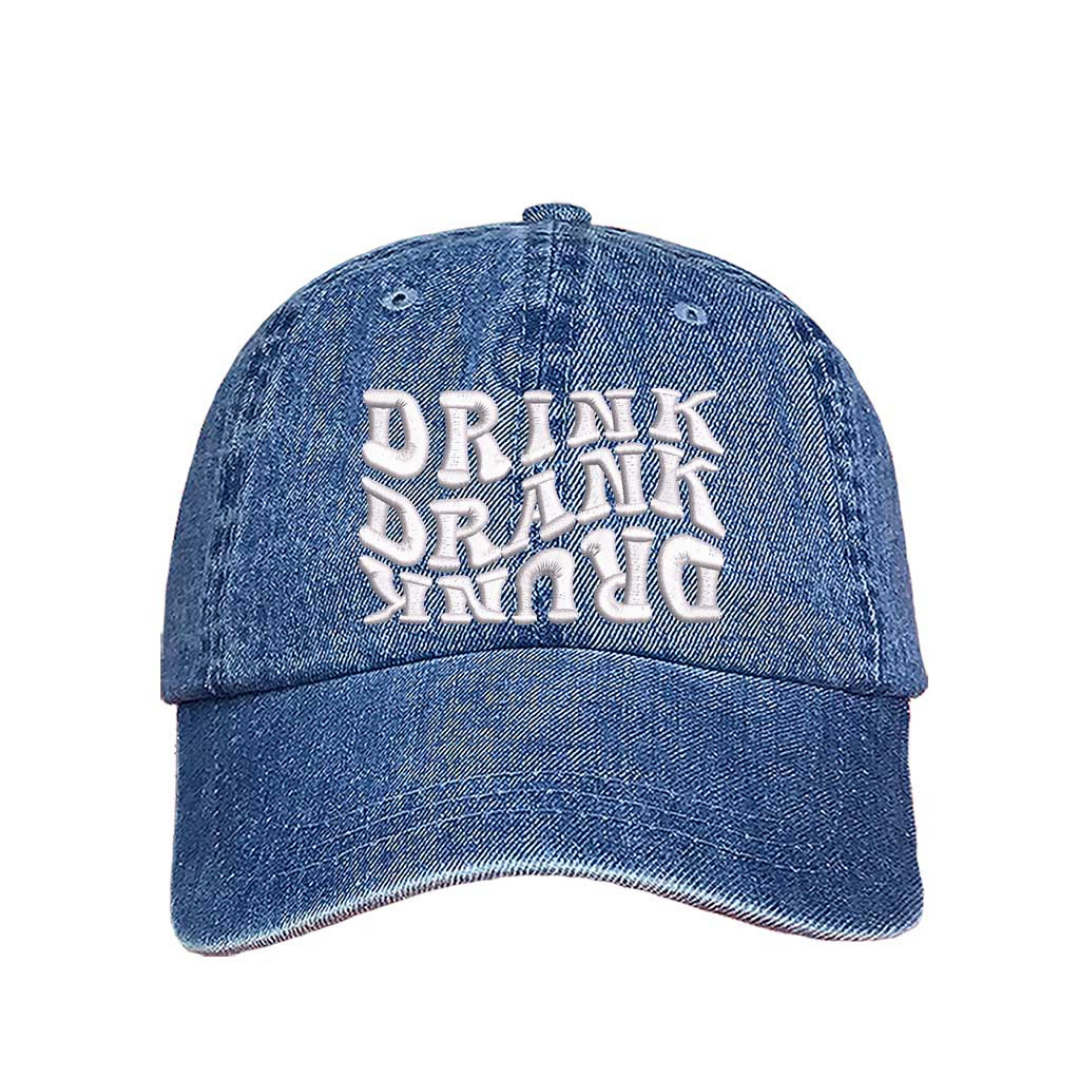 Light Denim Drink Drank Drunk Embroidered Baseball Hat featuring bold stitched lettering, breathable cotton fabric, and adjustable hook &amp; loop closure – DSY Lifestyle