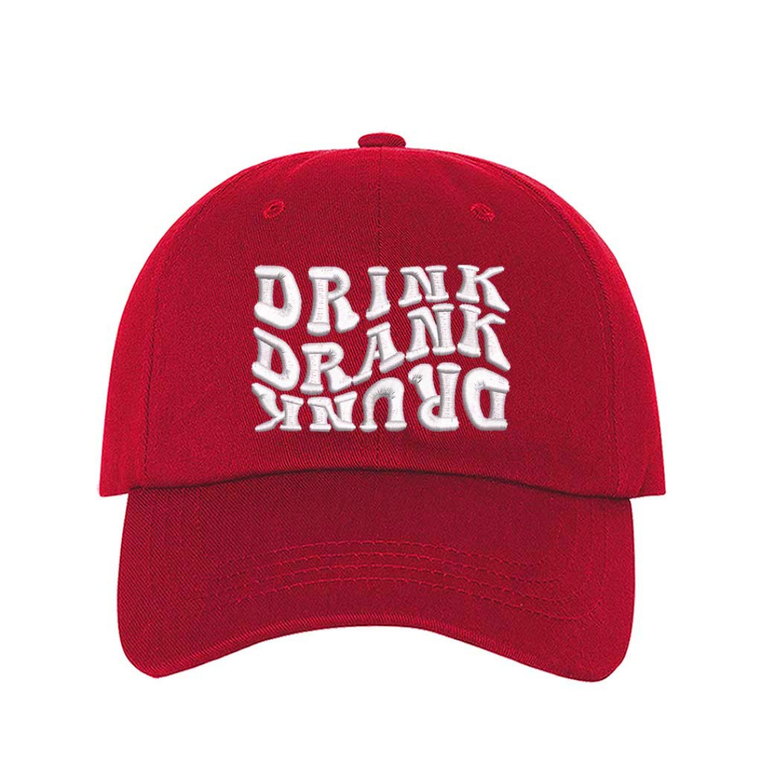 Red Drink Drank Drunk Embroidered Baseball Hat featuring bold stitched lettering, breathable cotton fabric, and adjustable hook &amp; loop closure – DSY Lifestyle