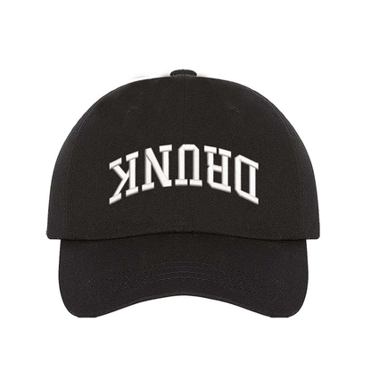 Black Drunk Upside Down Embroidered Baseball Hat featuring upside-down text design with adjustable strapback closure and breathable cotton fabric – DSY Lifestyle