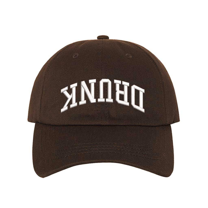 Brown Drunk Upside Down Embroidered Baseball Hat featuring upside-down text design with adjustable strapback closure and breathable cotton fabric – DSY Lifestyle