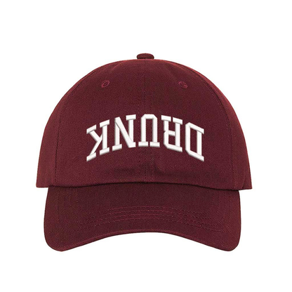 Burgundy Drunk Upside Down Embroidered Baseball Hat featuring upside-down text design with adjustable strapback closure and breathable cotton fabric – DSY Lifestyle