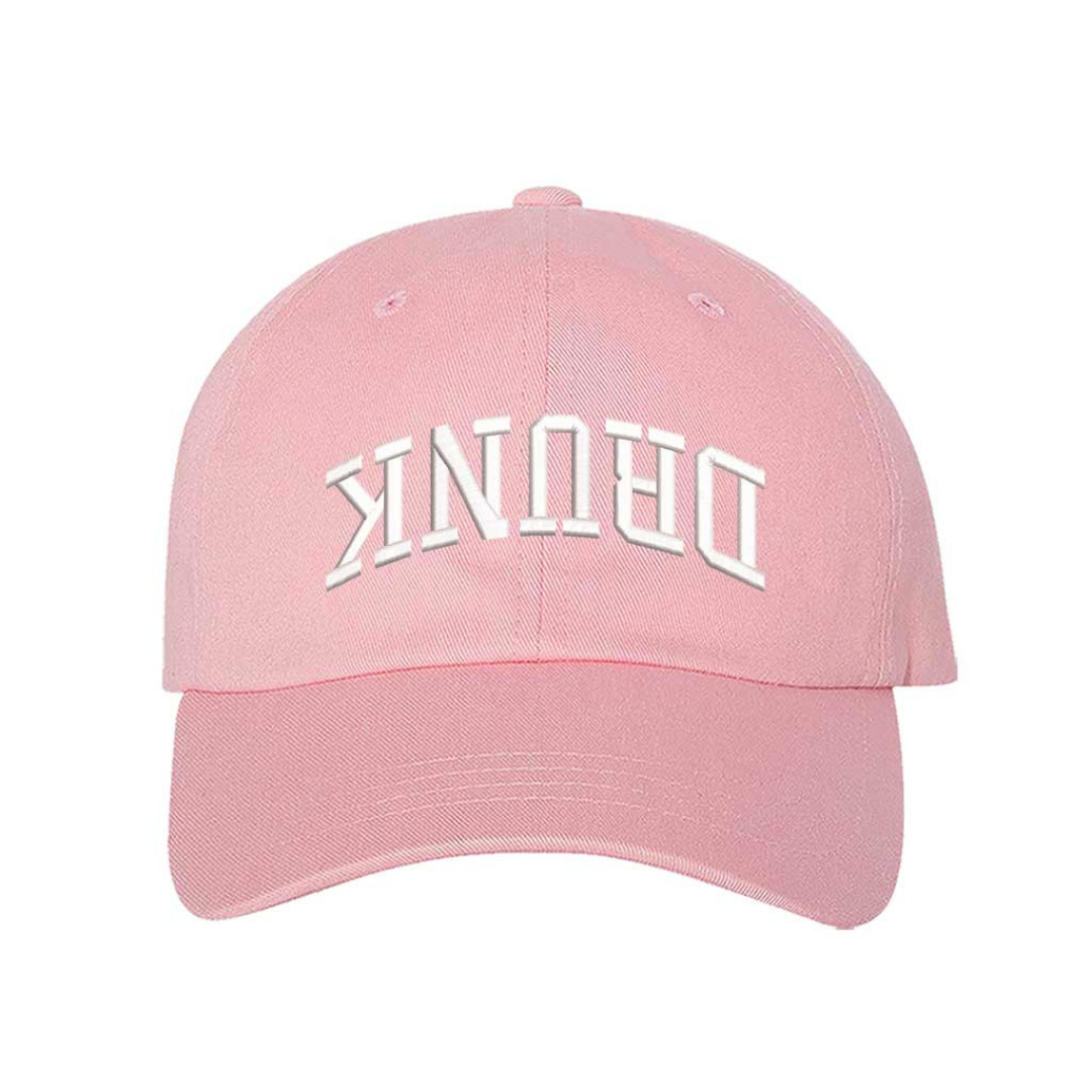 Light Pink Drunk Upside Down Embroidered Baseball Hat featuring upside-down text design with adjustable strapback closure and breathable cotton fabric – DSY Lifestyle
