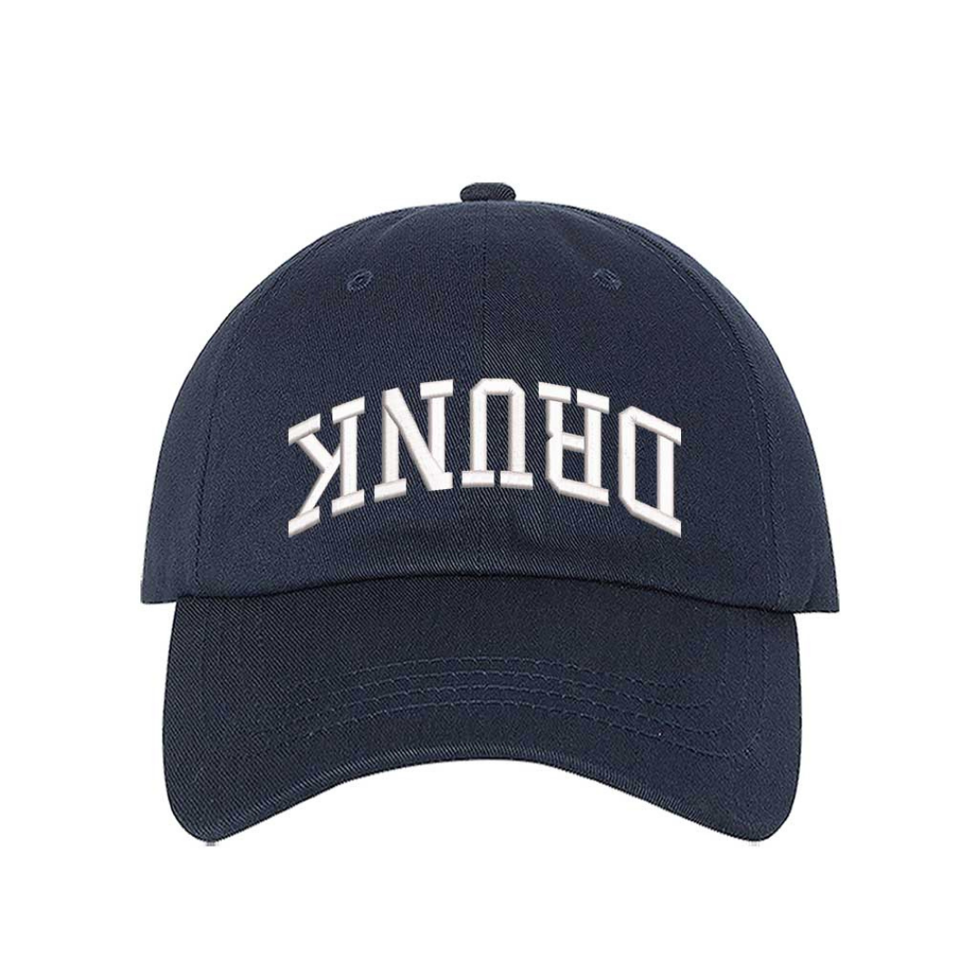 Navy Blue Drunk Upside Down Embroidered Baseball Hat featuring upside-down text design with adjustable strapback closure and breathable cotton fabric – DSY Lifestyle