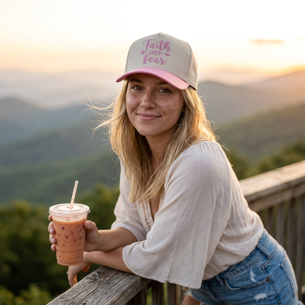 A female on patio of the mountain home  wearing Natural Pink two-tone baseball hat with a neutral crown and contrast bill, featuring the words Faith Over Fear in bold, detailed embroidery. - DSY Lifestyle