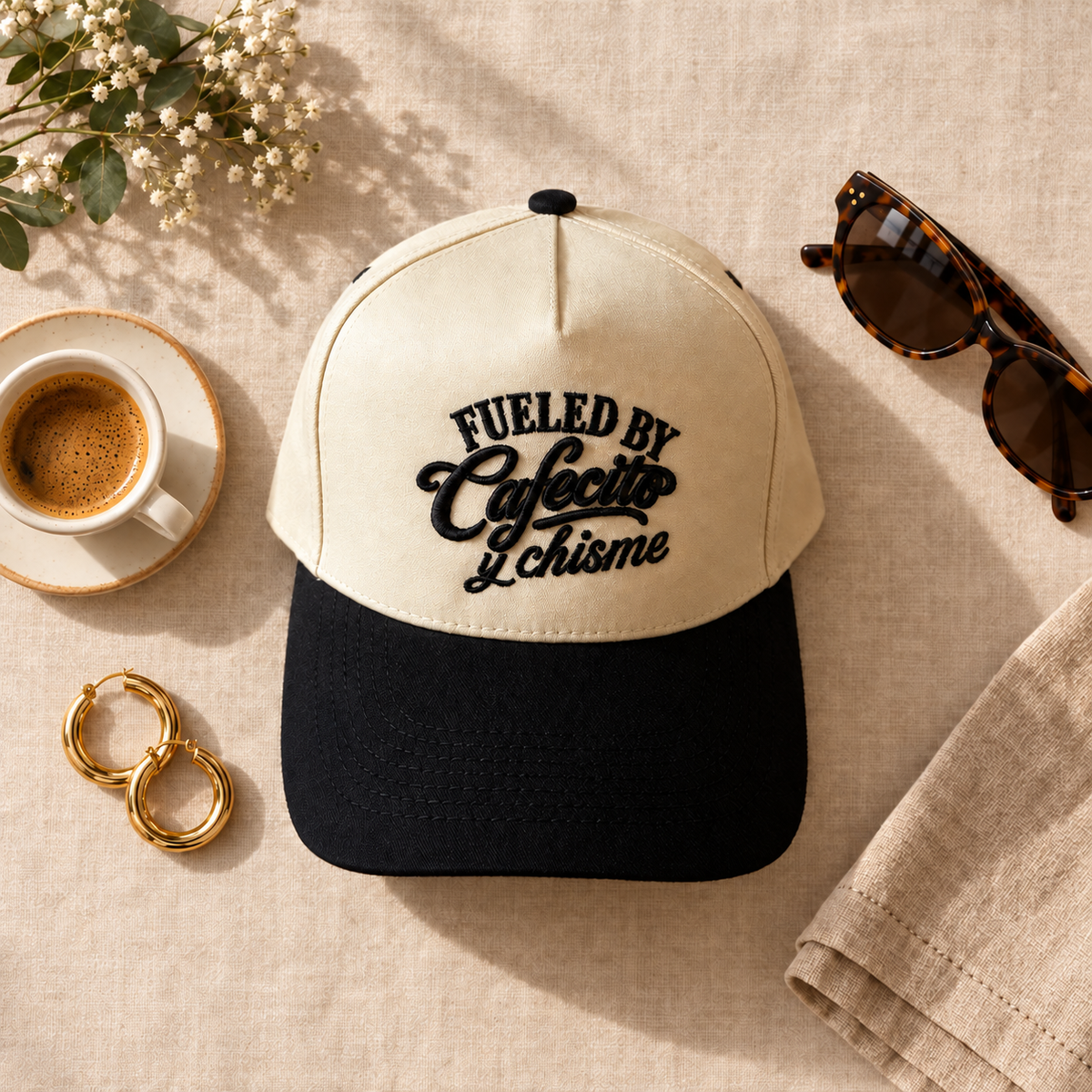 Fueled By Cafecito Y Chisme two-tone embroidered trucker hat styled flat lay