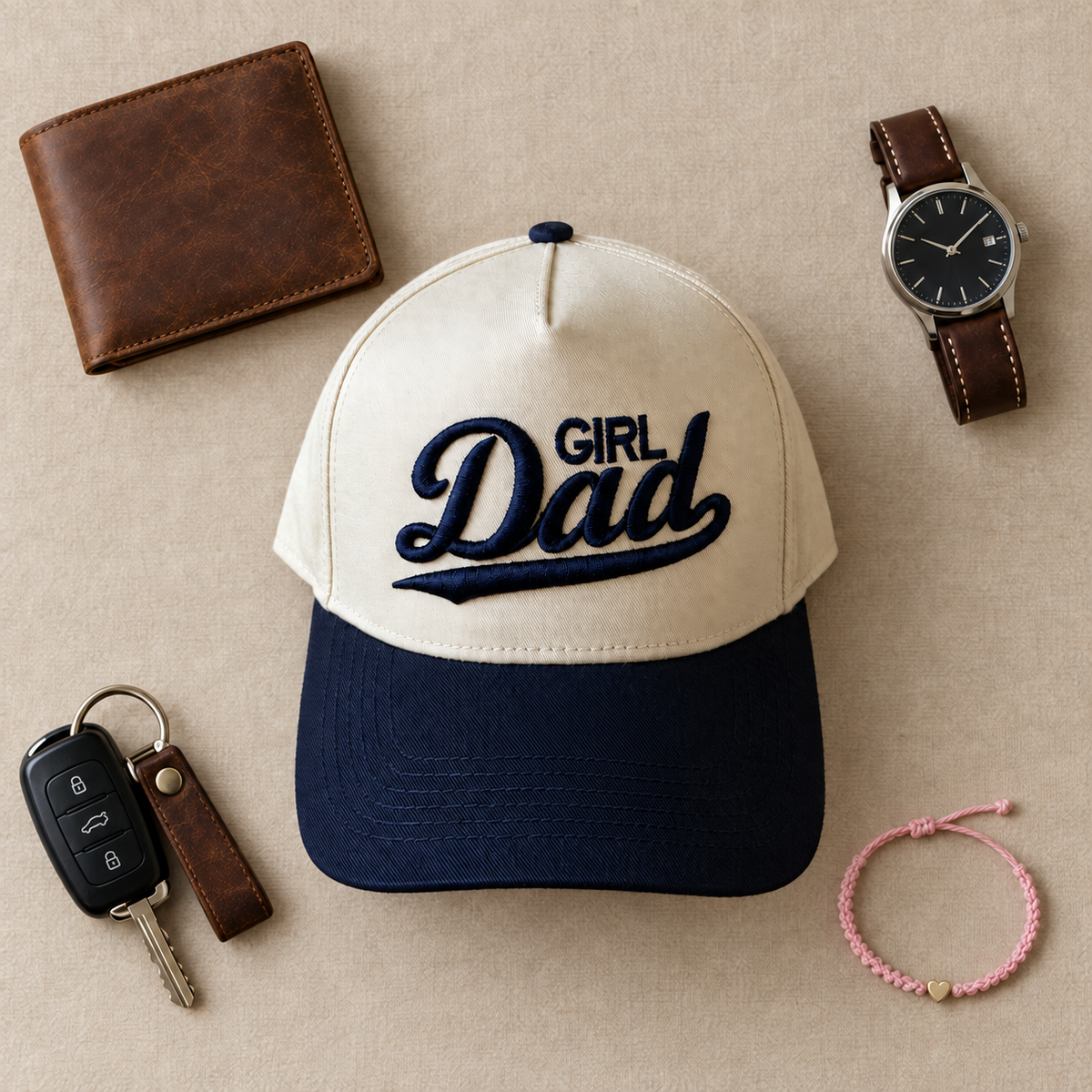 Girl Dad two-tone embroidered trucker hat styled flat lay