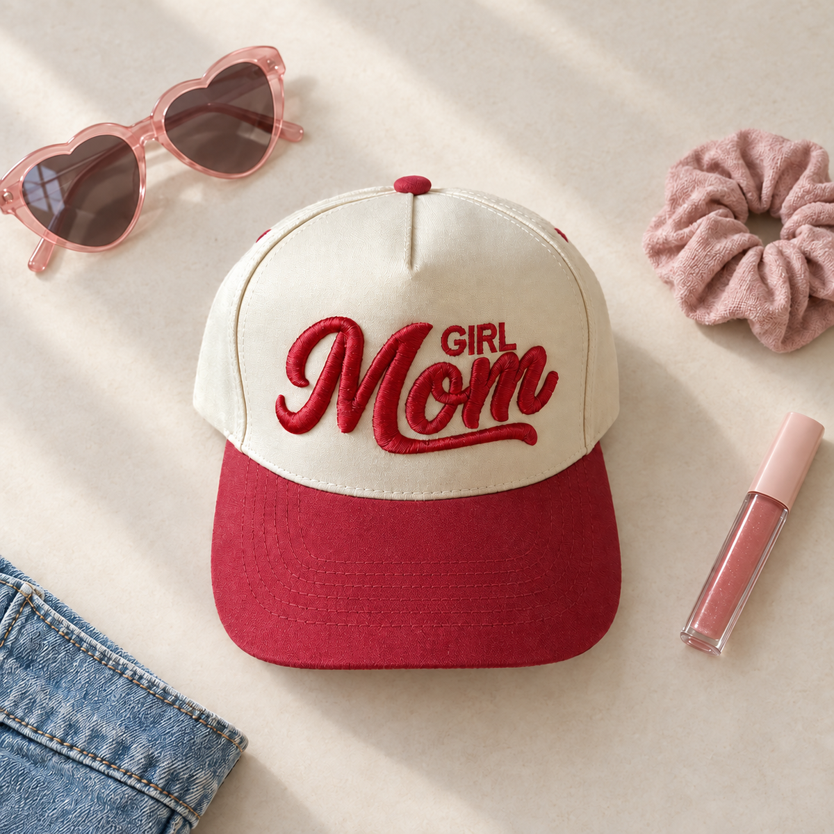 Girl Mom two-tone embroidered trucker hat styled flat lay