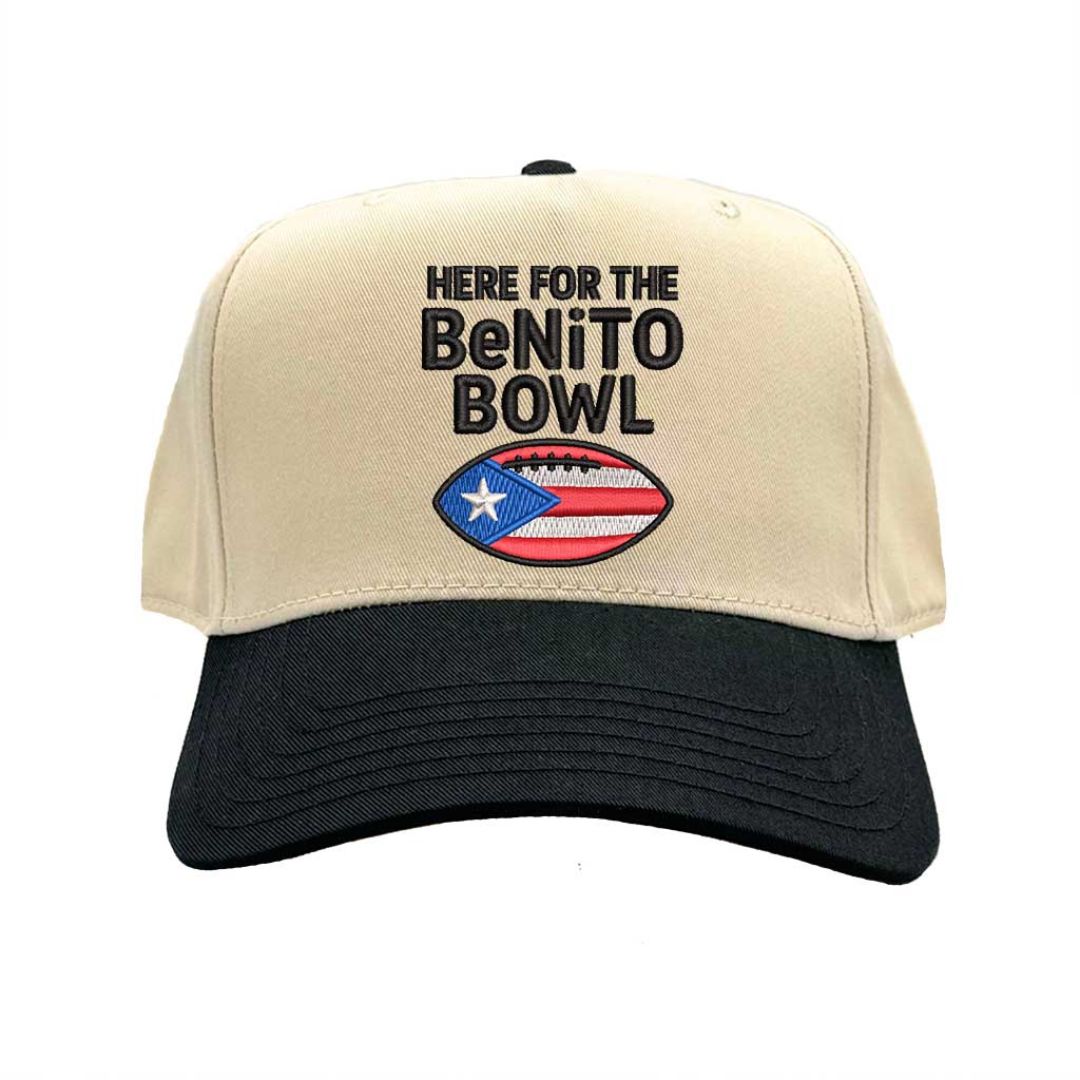 Natural Black Here for the Benito Bowl embroidered two-tone 5-panel baseball hat with snapback closure inspired by Bad Bunny concert style – DSY Lifestyle.