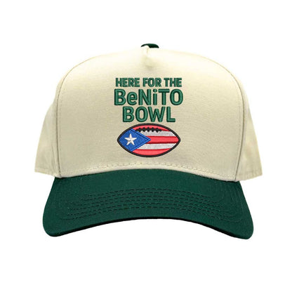 Natural Forest Green Here for the Benito Bowl embroidered two-tone 5-panel baseball hat with snapback closure inspired by Bad Bunny concert style – DSY Lifestyle.