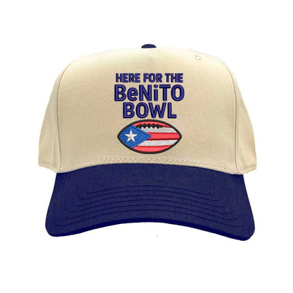 Natural Navy Blue Here for the Benito Bowl embroidered two-tone 5-panel baseball hat with snapback closure inspired by Bad Bunny concert style – DSY Lifestyle.