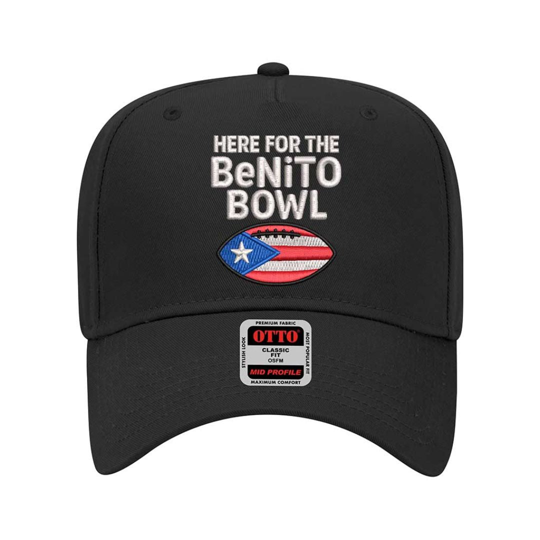 Solid Black Here for the Benito Bowl embroidered two-tone 5-panel baseball hat with snapback closure inspired by Bad Bunny concert style – DSY Lifestyle.