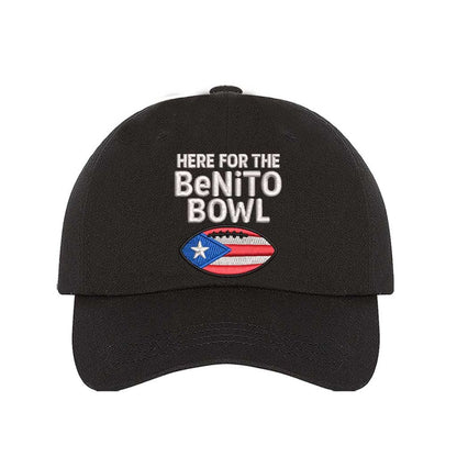 Black Here For The Benito Bowl Embroidered Baseball Hat with premium embroidery and adjustable hook-and-loop closure perfect for Bad Bunny fans – DSY Lifestyle