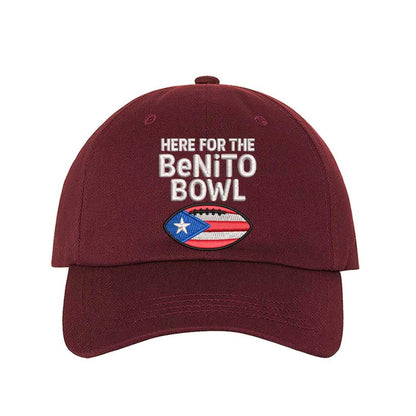 Burgundy Here For The Benito Bowl Embroidered Baseball Hat with premium embroidery and adjustable hook-and-loop closure perfect for Bad Bunny fans – DSY Lifestyle