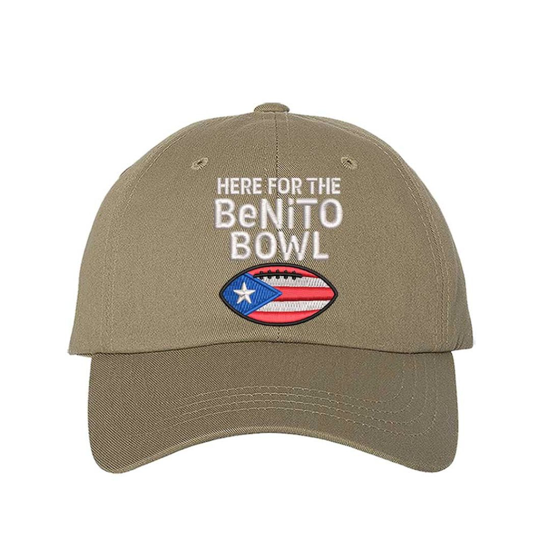 Khaki Here For The Benito Bowl Embroidered Baseball Hat with premium embroidery and adjustable hook-and-loop closure perfect for Bad Bunny fans – DSY Lifestyle