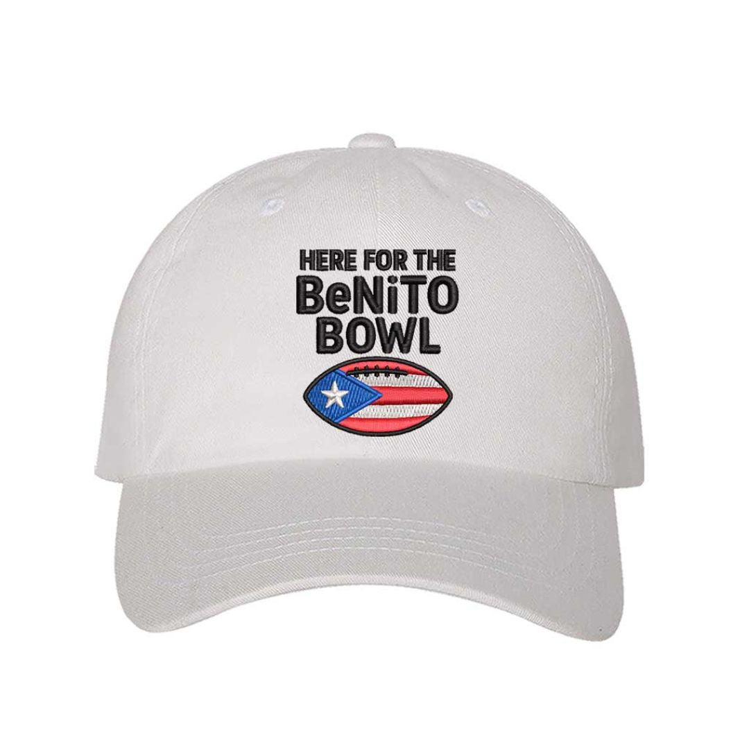 White Here For The Benito Bowl Embroidered Baseball Hat with premium embroidery and adjustable hook-and-loop closure perfect for Bad Bunny fans – DSY Lifestyle