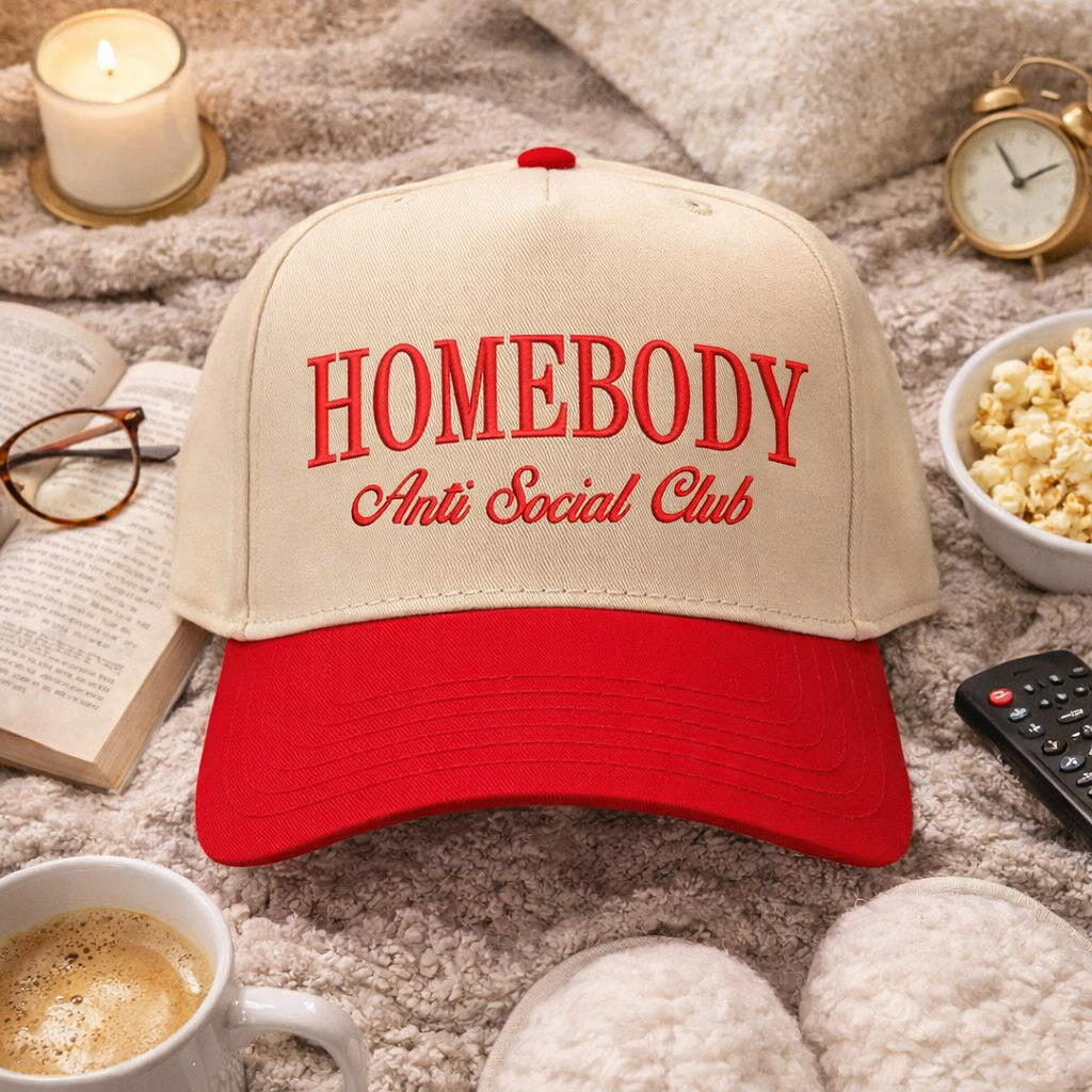 Natural Red Homebody Anti-Social Club embroidered baseball hat. A two-tone statement hat for women who love comfort, style, and effortless outfits. -DSY Lifestyle