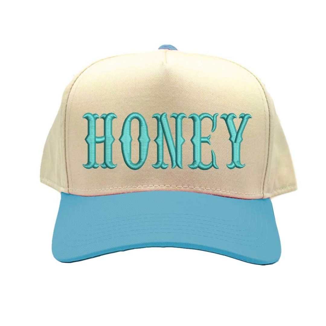 Natural Aqua HONEY Two Tone 5 Panel Baseball Hat with embroidered lettering, two-tone design, and adjustable strap for casual streetwear style. - DSY Lifestyle