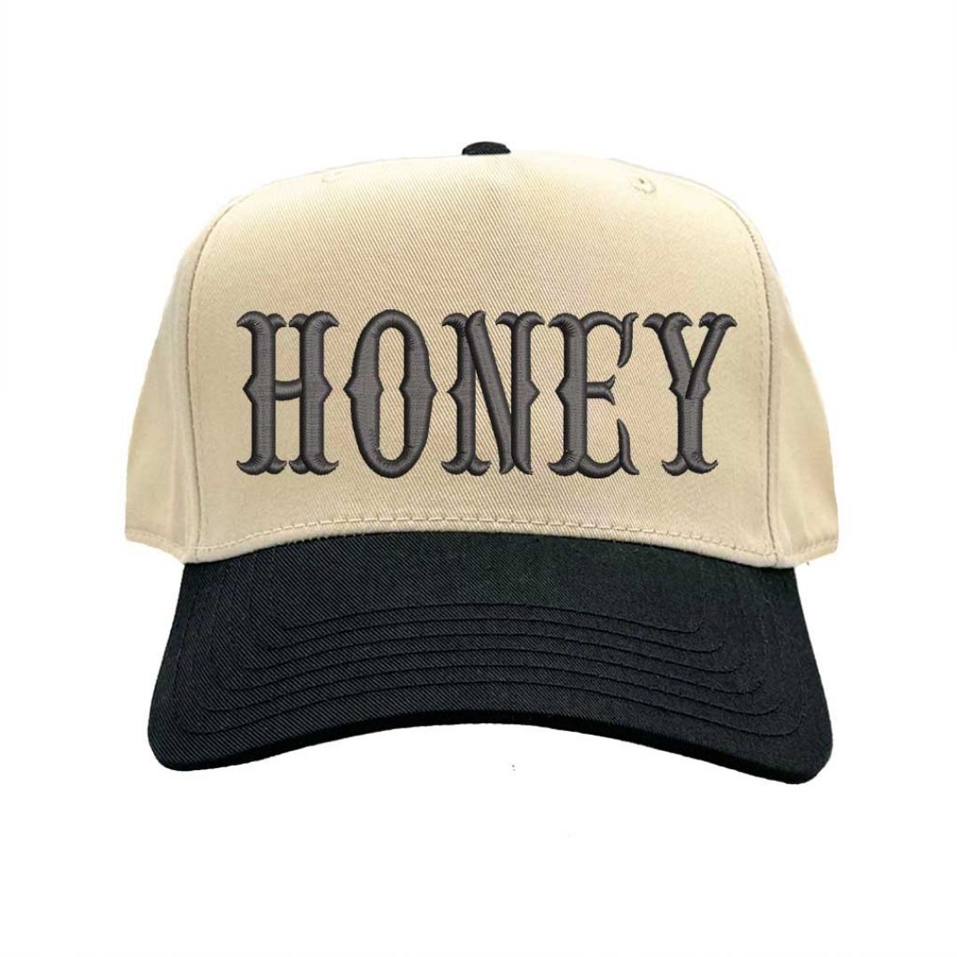 Natural Black HONEY Two Tone 5 Panel Baseball Hat with embroidered lettering, two-tone design, and adjustable strap for casual streetwear style. - DSY Lifestyle